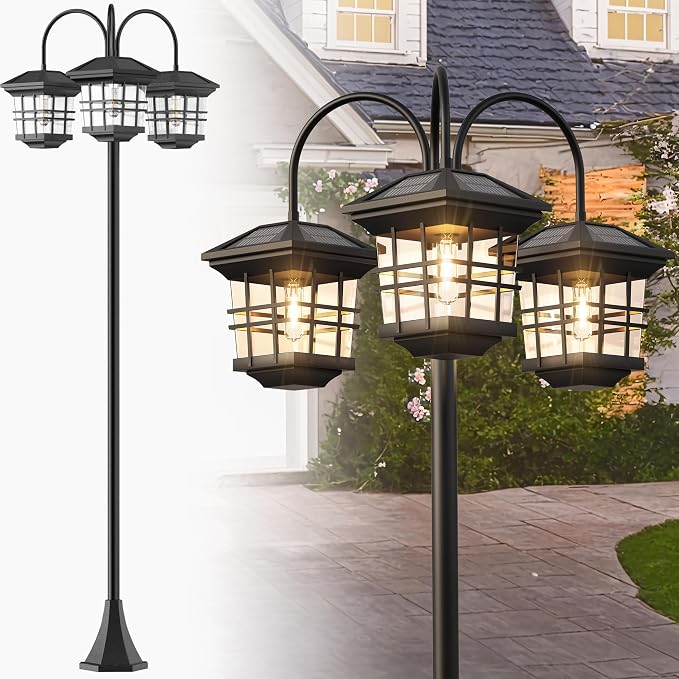76" Classic Black Solar Lamp Post Lights - 3-Head Waterproof Outdoor Street Lights, Pole Light Decorative Lamp for Backyard, Garden, Driveway, Lawn (LED Bulbs Included)