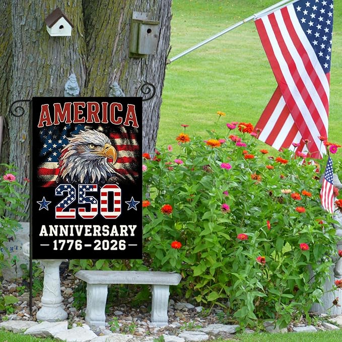 250 Anniversary USA Garden Flags for Outside, 4th of July 250th Years American Patriotic Banner, Blessing United States 12x18 Inch Double-Sided with Bald Eagle, 1776-2026 Yard Merchandise Decoration