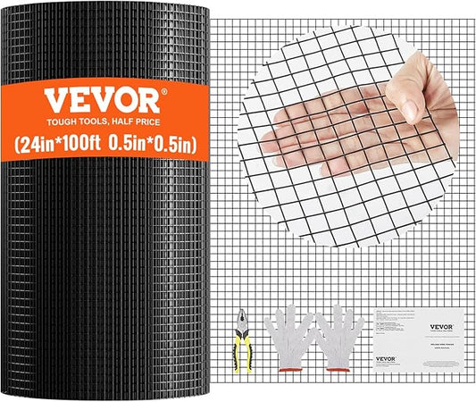 VEVOR Hardware Cloth, 24'' x 100' 1/2 inch Galvanized Wire Mesh Roll, 19 Gauge Chicken Wire Fencing Roll, Vinyl Metal Wire Mesh for Chicken Coop Barrier, Rabbit Snake Fences, Poultry Enclosures