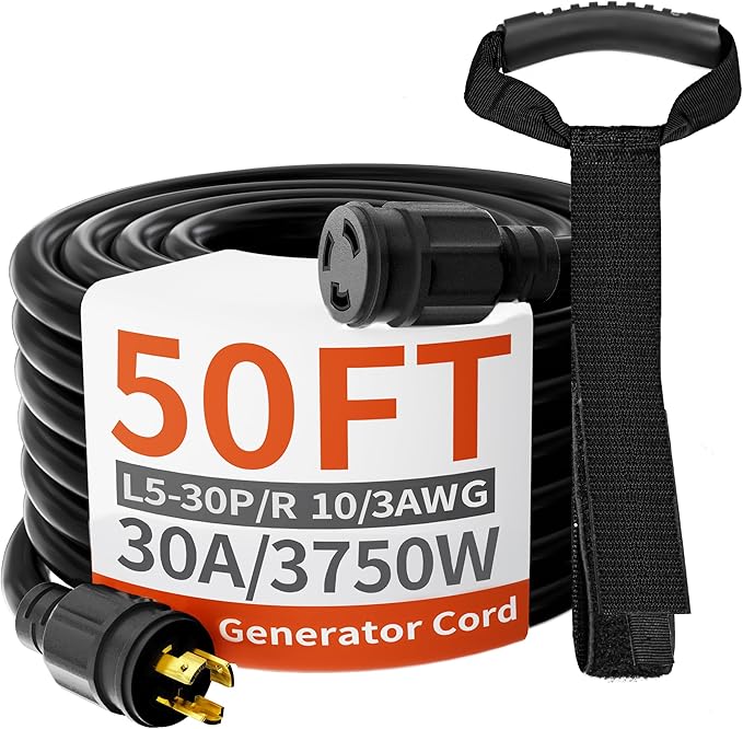 huanchain L5-30P/L5-30R 3 Prong 30 Amp Generator Cord 50 FT, Heavy Duty 10AWG 125V 3750W SJTW, Black Locking Generator Extension Cord Waterproof, ETL Listed