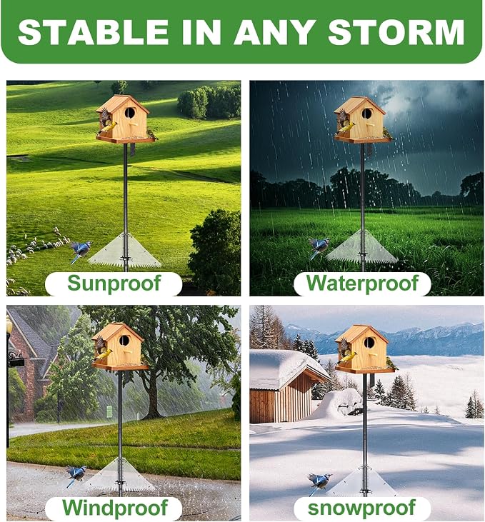 Bird Feeder Pole with Squirrel Baffle 107 Inch Bird House Poles Squirrel Proof for Outdoors Heavy Duty Smart Bird Feeding Station with Stainless Steel Spring Adjustable Height Mounting Pole