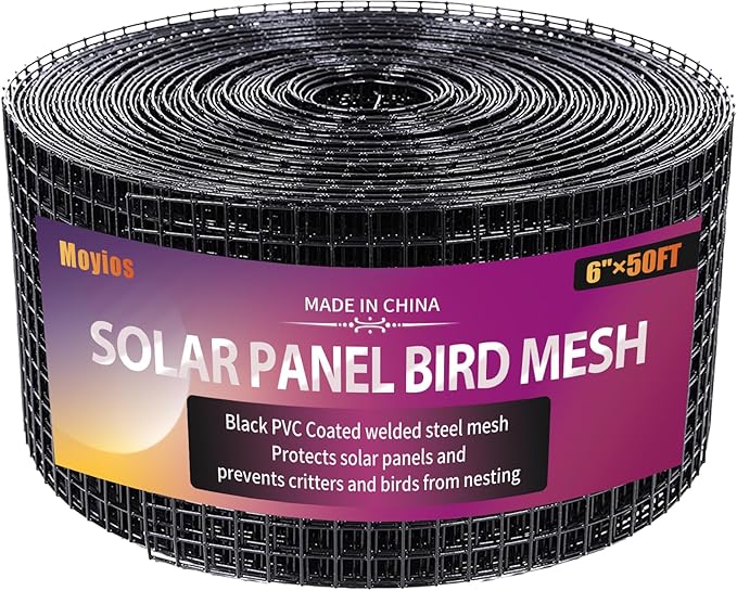 6in x 50FT Solar Panel Bird Mesh Black PVC Coated Steel Solar Panel Bird Guard Proofing Prevents Birds, Pigeons, and Critter Guard from Getting Under the Solar Panels