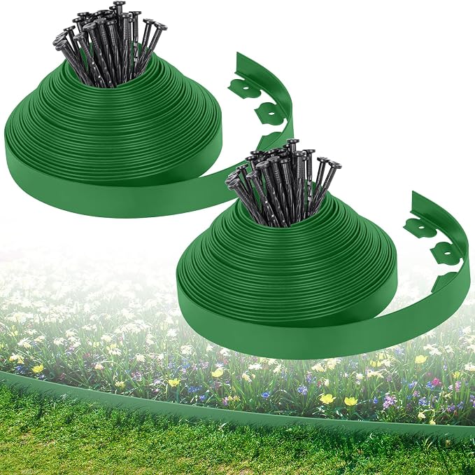 2-Inch x 100 FT Landscape Edging Border with 150 Stakes, Plastic Edging for Landscaping Garden Edging Border, Flexible Landscaping Edging for Garden Flower Beds Yard Lawn Pathway Paver (Green)