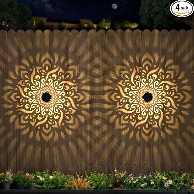 4 Pack Large Solar Fence Lights Metal Solar Powered Outdoor Wall Deck Step Lights Mandala Theme Waterproof Fence Light for Garden Post Patio Backyard Yard Decor, Gardening Gifts for Women Mom Grandma