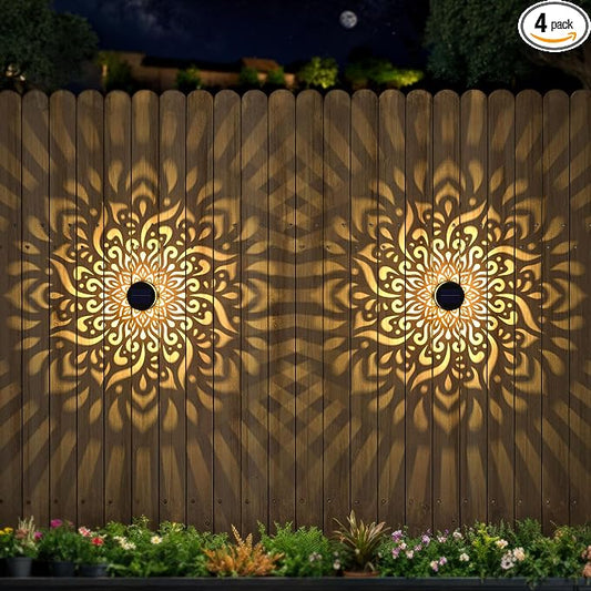 4 Pack Large Solar Fence Lights Metal Solar Powered Outdoor Wall Deck Step Lights Mandala Theme Waterproof Fence Light for Garden Post Patio Backyard Yard Decor, Gardening Gifts for Women Mom Grandma