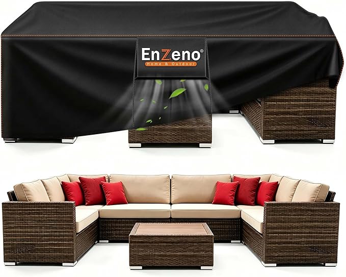 Enzeno Patio Furniture Set Cover, Outdoor Sectional Sofa Couch Set Covers Waterproof, Garden Dining Table Chair Set Cover Outside Rectangular Heavy Duty Weatherproof 120" L x 90" W x 35" H Black