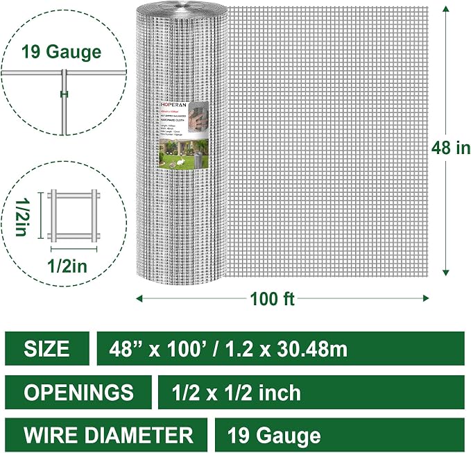 HOPERAN Hardware Cloth 1/2 Inch 48 x 100 ft - 19 Gauge Chicken Wire Fencing Mesh, Hot Dipped Galvanized After Welding, Wire Fence Rolls for Garden Fencing, Gopher Wire Rabbit Wire Poultry Netting