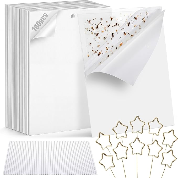 100 Pcs Gnat Sticky Traps for Plants, Transparent Double Sided Indoor Outdoor Pest Control for Fungus Gnats, Fruit Flies, Whiteflies, Aphids & Leaf Miners, Includes 10 Card Clips & 100 Twist Ties