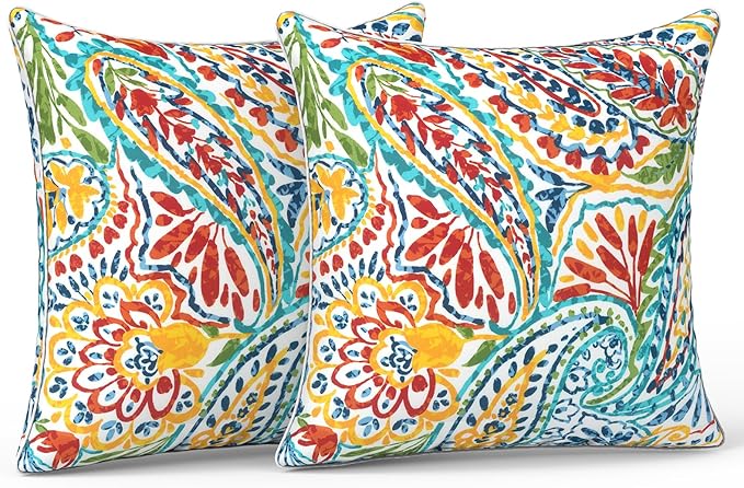 LVTXIII Outdoor Throw Pillows 20x20 Patio Waterproof Square Pillows with Piping Fade Resistant Accent Pillow for Spring Summer Garden Decoration, Set of 2, Paisley Multi