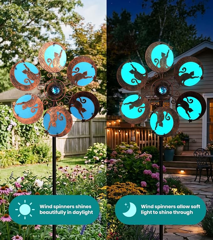 Wind Spinners Outdoor for Yard & Garden, Whimsical Cat Yard Spinner, Metal Wind Spinner with Reflective Acrylic Gem, Outdoor Decorations with Soft Nighttime for Lawn & Patio