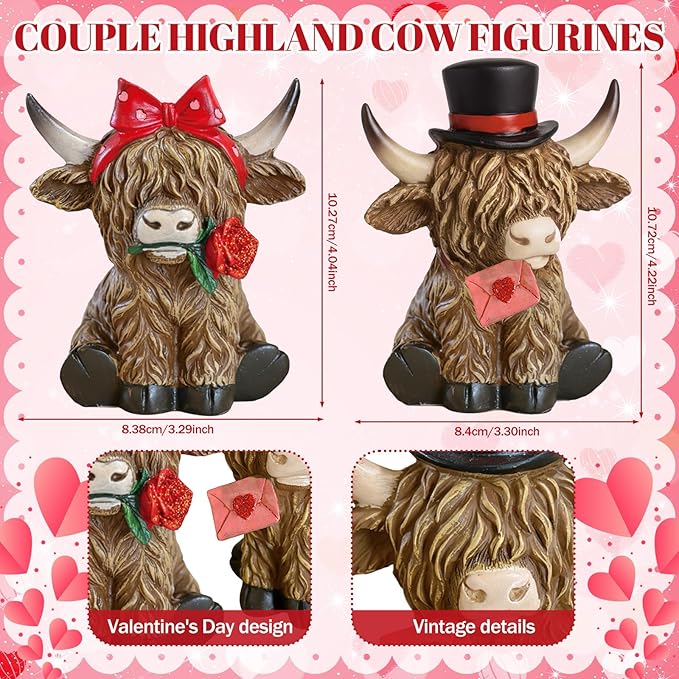 Simgoing 2 Pack Valentine's Day Highland Cow Figurines Love Heart Highland Cow Gnome with Rose Valentines Couple Statue Sweet Valentines Table Decoration for Farmhouse Tiered Tray Garden Home