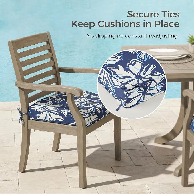 UNIKOME Outdoor Chair Cushions Set of 4, Water Resistant Patio Seat Cushions with Ties for Outdoor Furniture, High-Density Foam, UV & Fade Resistant, Piped Edge – 19" x 19" x 3", Blue-White Flower