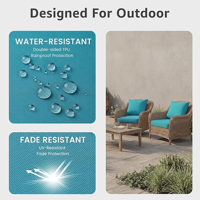 PatioGlow Outdoor Seat Cushion Set, 22" x 22" x 3.5", Set of 2, Water-Resistant & Fadeness Patio Furniture Cushions with Removable Cover & Ties, Thick Deep Seating Pads for Outside Sofa Couch, Teal