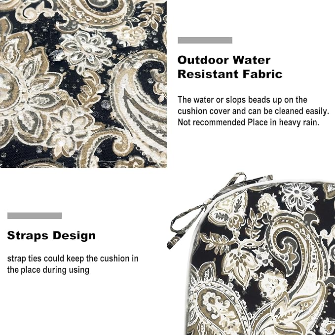 DYTXIII Set of 2 Outdoor Chair Cushions with Ties,Water Repellent Patio Chair Pads 17"x 16" for Outdoor Furniture,Round Corner Seat Cushions for Garden Yard Kitchen Paisley Black