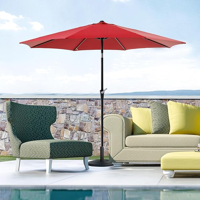 OLIXIS 9FT Patio Table Umbrella with Tilt and Crank Button & 8 Sturdy Ribs Waterproof, 9 Feet Outdoor Patio Umbrella Sun Shade for Poolside, Terrace, Beach and Restaurant, Red
