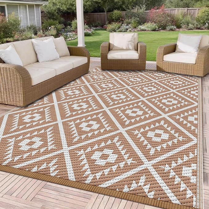 COOLTOP 9'x18’ Outdoor Rug for Patios Porches, Waterproof Plastic Camping Rugs, Modern Reversible Mat, Large Area Rugs for Backyard, Deck, RV, Balcony, Picnic, Beach, Khaki & White