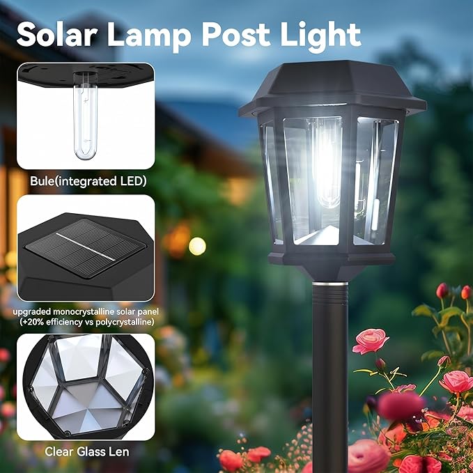 2 Pack Solar Lamp Post Lights Outdoor, 61” Dusk to Dawn Solar Pole Lights for Outside, 6000K Cool White Waterproof Floor Lamps for Patio, Yard, Pathway, Driveway