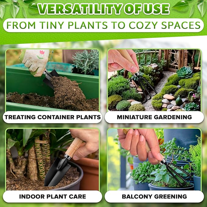 3 Pcs Mini Gardening Tools – Mini Garden Tools Set with 2 Small Shovels (Narrow and Wide) & Hand Rake, Rustproof Metal Build, Ergonomic Wooden Handles – Potting & Transplanting Kit for Indoor Plants