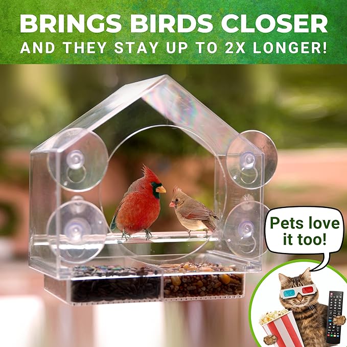 Nature Anywhere Window Bird Feeder - Weather Proof Transparent Acrylic Bird Feeders for Outdoors - Enhanced Suction Grip, Bird Watching for Cats, Easy-to-Clean, Outdoor Birdhouse Feeder (1 Unit)