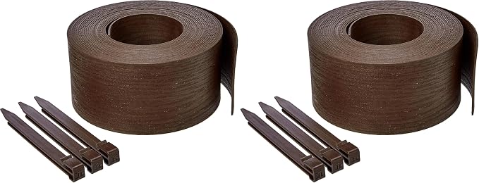 Amazon Basics Flexible Landscape Edging Coil for Garden Border, Flower Beds, Lawn and Pathways, 5 inch x 40ft, Brown, 10 Stakes (Pack of 2)