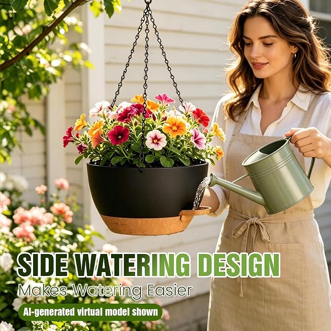 10 Inch Self Watering Hanging Planters, 3 Pack Plastic Plant Pots | Sturdy lightweight pot with side watering lip, drainage holes, snap-on detachable tray & hanging chain for easy care