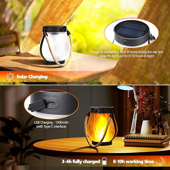 iBaycon 2 Pack Solar Lanterns Lights, Flickering Flame Garden Lights with 2 Modes Dual Charging USB & Solar, Outdoor Waterproof Hanging Lantern for Yard Patio Porch Decor (Warm White)