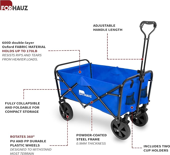 ForHauz Folding Collapsible Heavy Duty Wagon Cart with All-Terrain Wheels for Outdoor Utility, Beach and Garden, Blue
