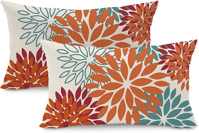 DFXSZ Orange Teal Red Flower Pillow Covers 12x20 Inch Set of 2 Fall Throw Pillows Outdoor Waterproof Decor for Living Room Sofa Patio Funiture Garden Floral Polyester Pillow Covers 002Y12