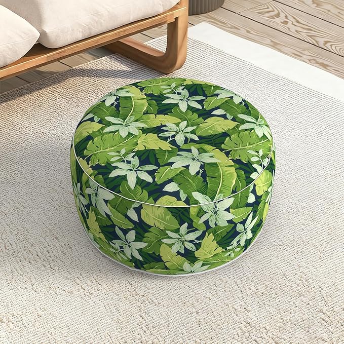 LVTXIII Indoor/Outdoor Large Inflatable Ottoman Pouf D31 x H14 Inch, Round Footstool with Handle, Weather-Resistant Portable Furniture for Patio, Camping, Beach, Jungle Leaves