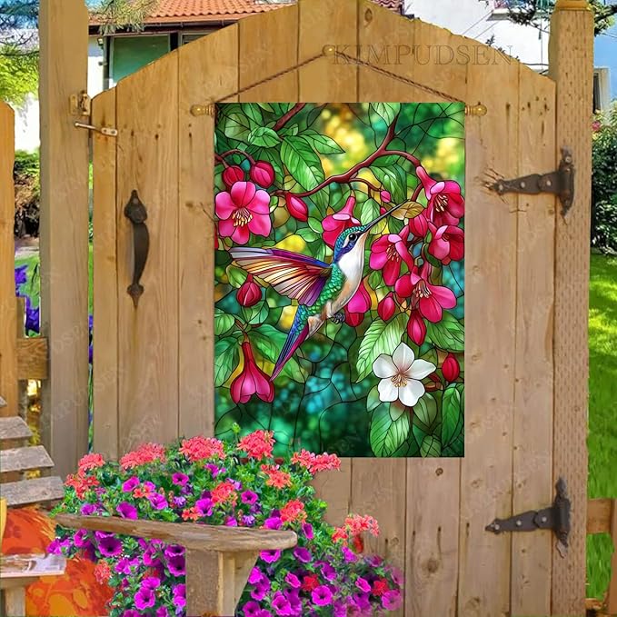 Hummingbird Spring Garden Flag Floral Birds 28x40 Inch Double Sided Burlap Large Yard Outdoor House Flag Spring Decor for Home, Porch, Farmhouse
