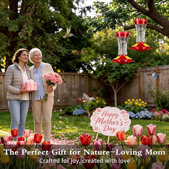 Hummingbird Feeders for Outdoors Hanging, BOLITE Glass Hummingbird Feeder, 4 Bee Guard Feeding Ports, Built-in Ant Moat, Leak Proof, 15 Ounces, Stars Decor, Red, 2 Pack, Gifts for Women Men