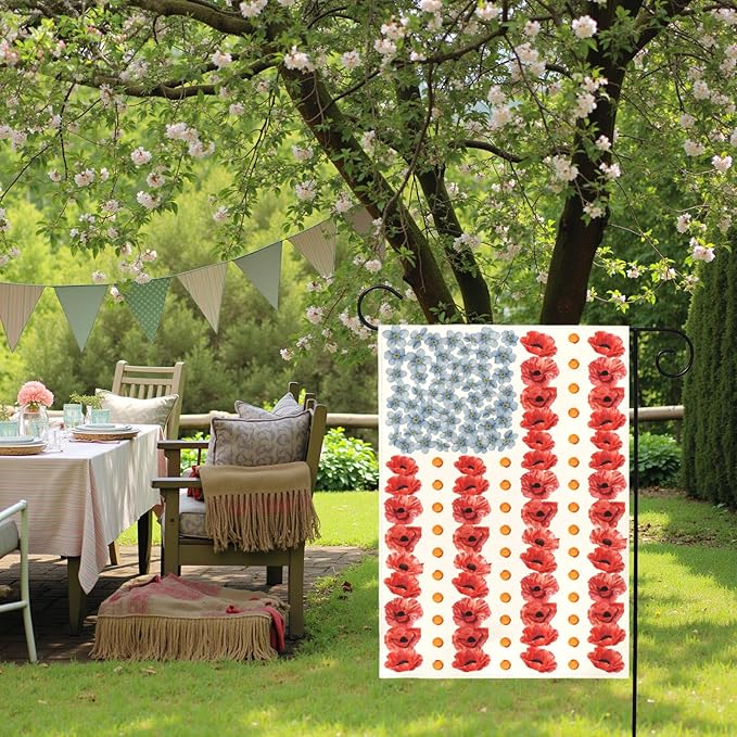 Patriotic Poppy Garden Flags American Flag Floral Yard Flags Double Sided Memorial Day Independence Day House Banner for Fourth of July Remembrance All Season Home Lawn Porch Decor 12x18 Inch