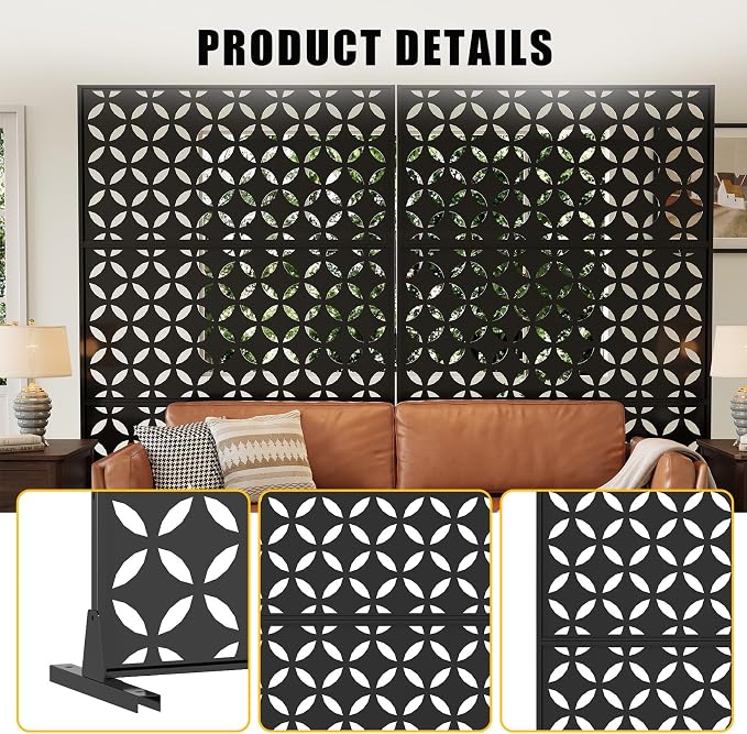 72" h × 47" w Outdoor Privacy Screen, Laser Cut Metal Garden Divider Panel with Tropical Leaf Design, Freestanding Weatherproof Privacy Fence for Patio Deck Backyard Balcony
