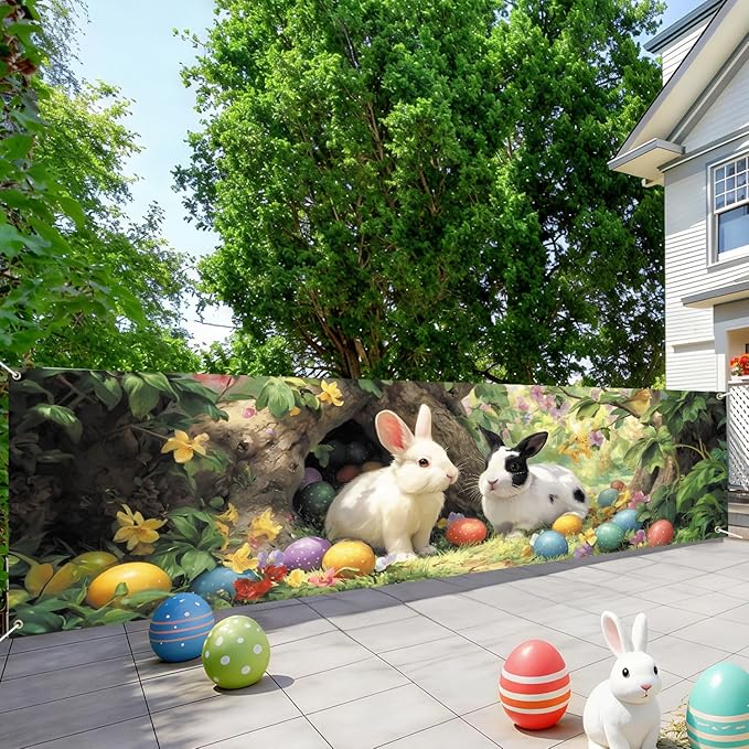 Happy Easter Bunny Fence Banner 118 x 35 Inch, Large Waterproof Outdoor Easter Banner with Cute Rabbits & Colorful Eggs for Yard Porch Fence Spring Party Decorations