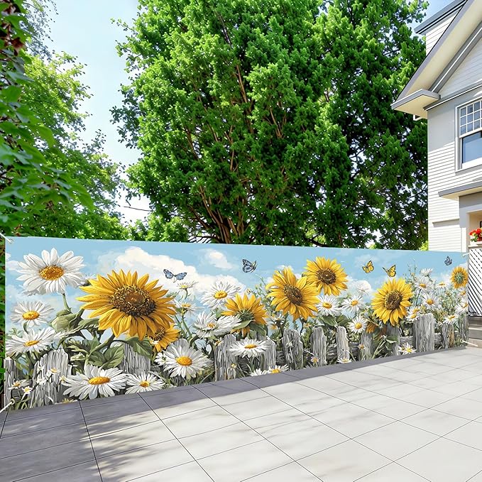 Sunflower Spring Fence Banner 118 x 35 Inch, Large Waterproof Outdoor Floral Banner with Sunflowers, Daisies & Butterflies for Yard Garden Porch Fence Decorations