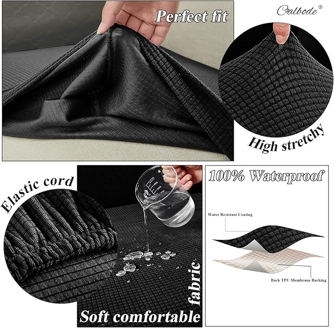 CALBODE 8Pcs Outdoor Stretch Cushion Covers,Waterproof Outdoor Chair Cushion Covers for Patio Furniture, Washable Jacquard Couch Covers Replacement for Patio Furniture(Black, Cover Only)