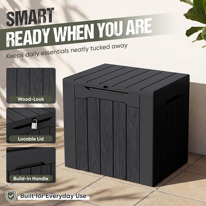 Flamaker Deck Box 30 Gallon, Waterproof Resin Small Storage Box with Lid, Outdoor Patio Furniture Cushion Garden Tool Organizer, Lockable Package Delivery Box for Porch Balcony (Black)