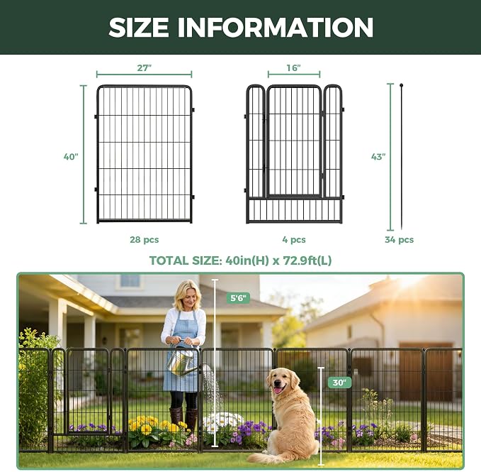 FXW Garden Fence Outdoor for the Yard – 40in(H) x 72.9ft(L) Heavy Duty Metal Animal Barrier for Dog, No Dig Decorative Dog Fence, 32 Panels, Black