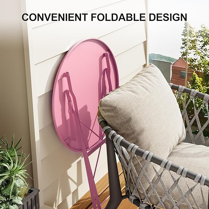 Bistro Table and Chairs Set of 2, 3 Piece Outdoor/Indoor Folding Patio Bistro Sets, 2 Chair Patio Furniture Set with Table, Premium Frame Foldable Coffee Tables for Balcony, Yard, Garden, Pink