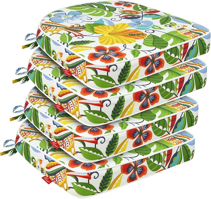 Outdoor Chair Cushions Set of 4, 19x19 Inch U-Shape Patio Seat Cushions with Ties, Water & Fade Resistant High Density Foam Cushions for Garden Patio Chairs, Flower Bird
