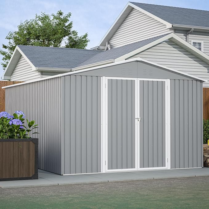 YOPTO 10x12 FT Outdoor Storage Shed with Floor Frame Kit,Metal Shed W/Double Lockable Doors,Garden Tool Storage House W/ 4 Air Vents & Sloped Roof,for Backyard,Patio,Lawn,Gray