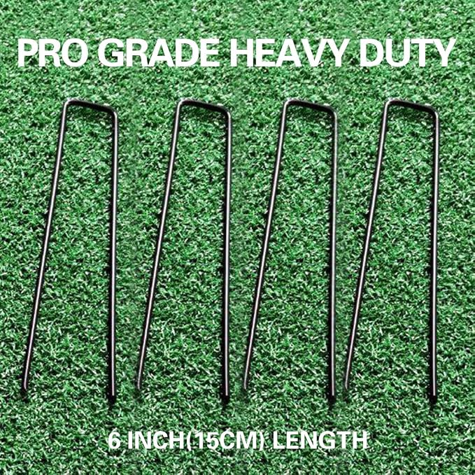 Bakulyor 150pcs Black Landscape Staples + 150pcs Buffer Washer, 6 Inch 11 Gauge Garden Stakes Staples, U Shaped Galvanized Lawn Pins Heavy Duty Yard Ground Pin for Weed Barrier Sod Fabric Decorations