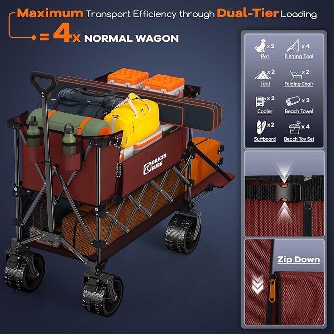 Originsure 400L Double Decker Wagon Collapsible with 54" L Tailgate, 560lbs Heavy Duty Carts Foldable, Extra Large Folding Beach Wagon with Big All-Terrain Wheels for Camping, Sports, Groceries, Red