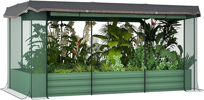 Outsunny 7.3 x 3.4 x 1 ft Galvanized Raised Garden Bed with Crop Cage Plant Protection Net and Shade Cloth Roof, Metal Planter Box with Cover for Vegetables, Flowers, Herbs, Green