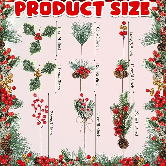 Riceshoot 42 Pcs Christmas Picks with Pine Cones Holly Berry Artificial Red Berries Stems Pine Branches Small Christmas Berry Picks for Crafts Wreath Garland Decoration
