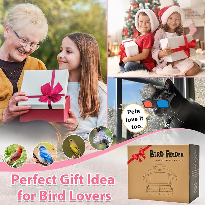 Goodeco Clear Window Bird Feeder - Outdoor Window Feeder with Bird Water Bowl & Strong Self-Adhesive Hooks for Outside Watchings - with a Brush, Easy to Clean, Ideal Gifts for Mom Parents