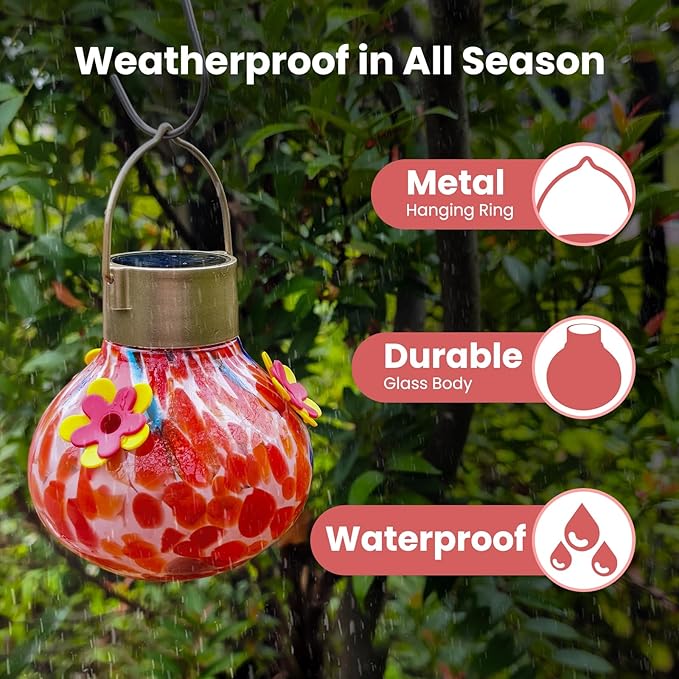 Hummingbird Feeder with Solar Light, Outdoor Glass Hummingbird Feeder, Auto-Lighting Solar Lamp for Garden Decor, 3 Feeding Ports Attract More Birds, Waterproof Design, Ideal Gift (Red)