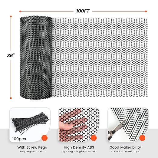 Toolterritary Plastic Wire Mesh 36IN x 100FT Chicken Wire Fencing for Floral Arrangements, Chicken Wire Mesh for Crafts with 100 Pcs Zip Ties,Gaden Netting for Dogs, Deers, Poultry
