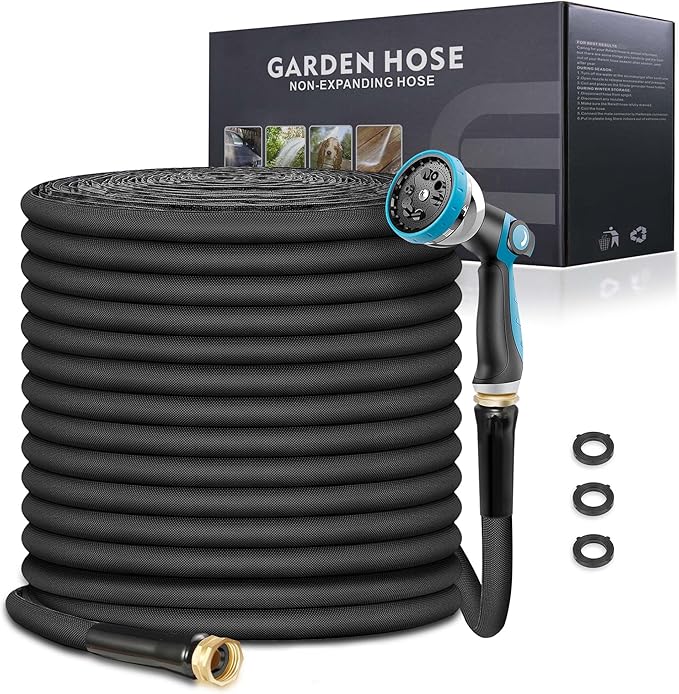Non-Expandable Garden Hose 75feet, Flexible Water Hose with 10 Function Hose Nozzle, Lightweight, Tangle Free, Rust Proof for Yard (Black)