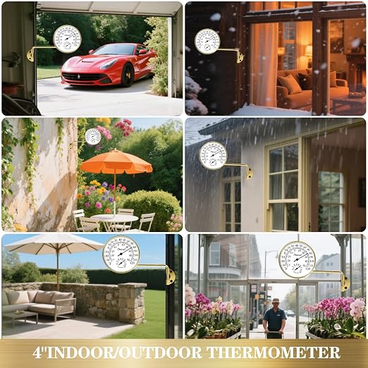 Outdoor Thermometer - Weatherproof & Decorative Outside Temperature Gauge for Window, Greenhouse Accessories and Patio (Easy-Read Brass Swivel Design) (4inch Gloden case+ White dial)